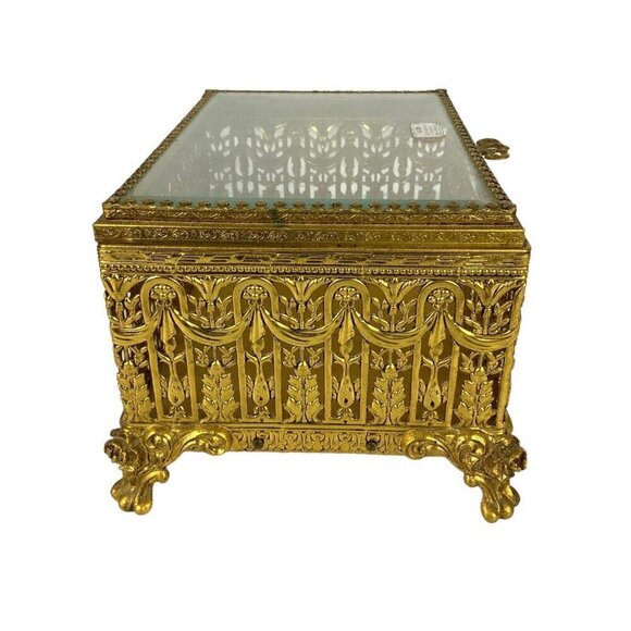 Globe 24kt Gold Plated Jewelry Trinket Box Ornate Filigree Gilt Glamour Vanity - Picture 3 of 8